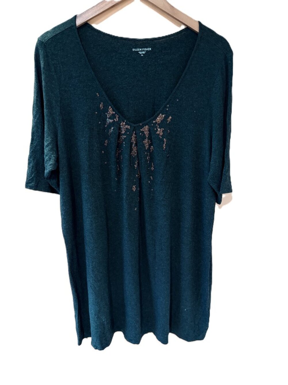 Eileen Fisher Bronze Color V-Neck Beaded Knit Tunic, Short Sleeves, Size XL